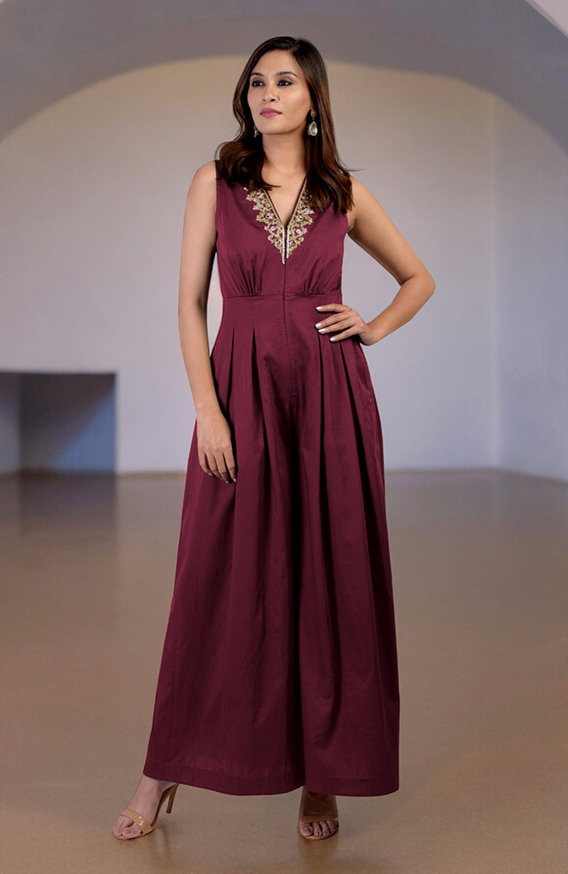 Green Moss Gold Tilla Hand Embroidered Jumpsuit