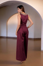 Red Plum Gold Tilla Hand Embroidered Jumpsuit