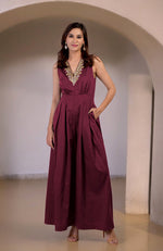 Red Plum Gold Tilla Hand Embroidered Jumpsuit