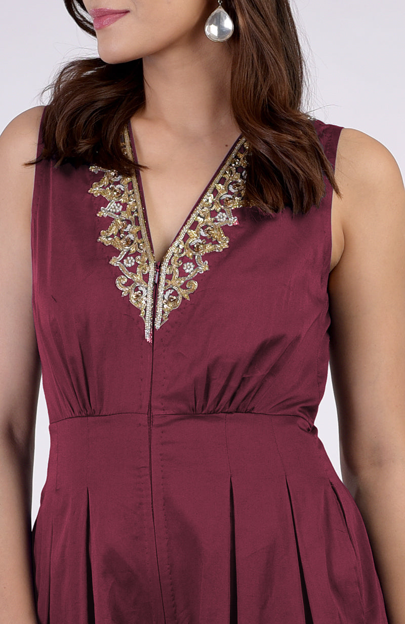 Red Plum Gold Tilla Hand Embroidered Jumpsuit