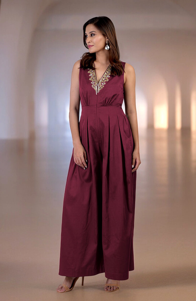 Red Plum Gold Tilla Hand Embroidered Jumpsuit