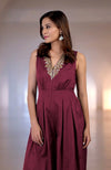 Red Plum Gold Tilla Hand Embroidered Jumpsuit