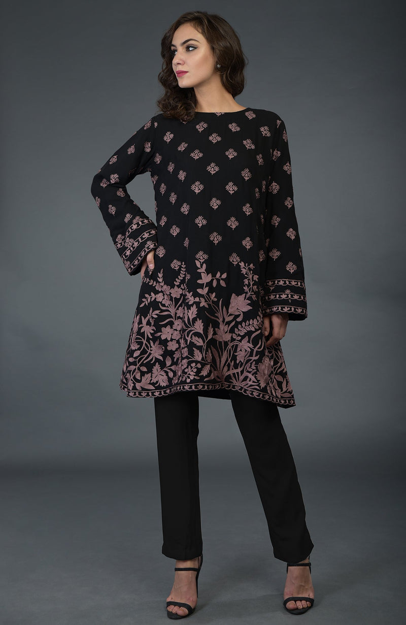 Black-Mauve Parsi Embroidered Tunic Suit