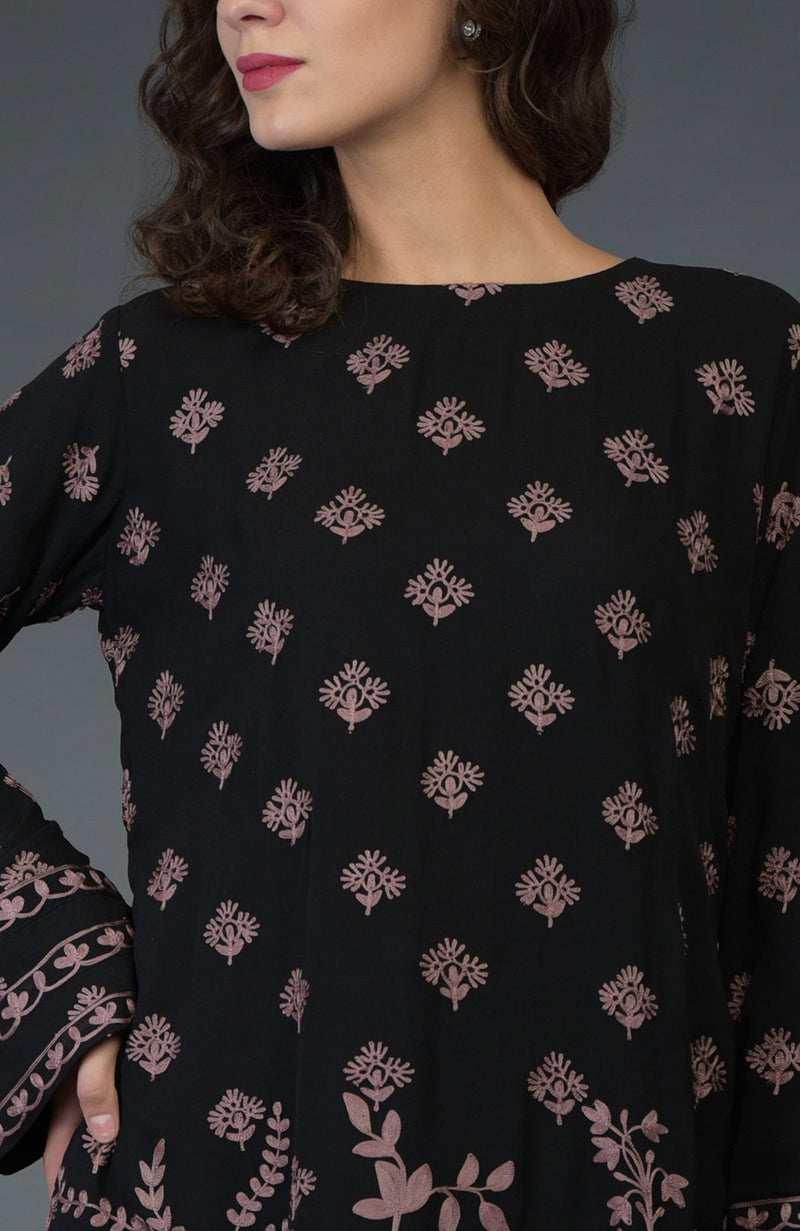 Black-Mauve Parsi Embroidered Tunic Suit