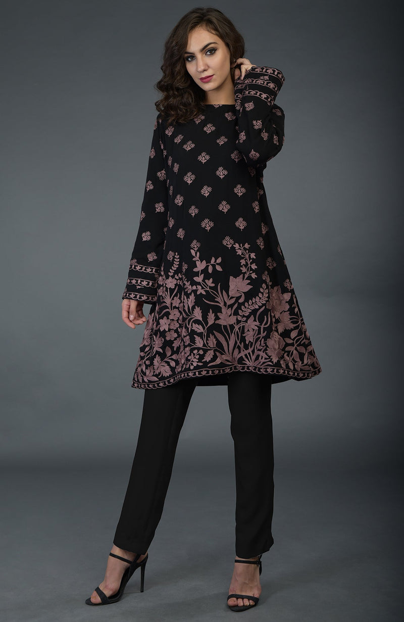 Black-Mauve Parsi Embroidered Tunic Suit
