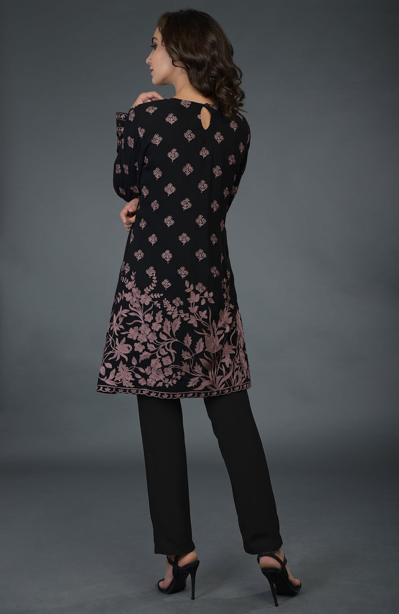 Black-Mauve Parsi Embroidered Tunic Suit