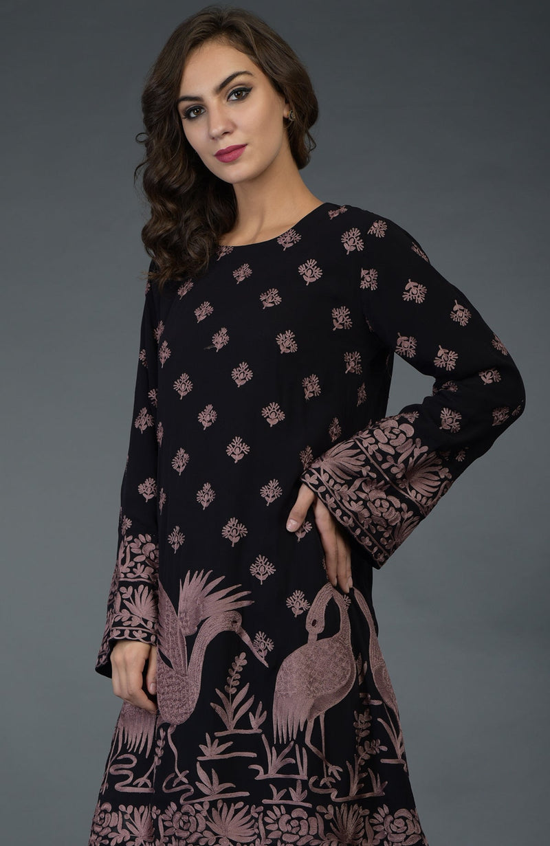 Black-Mauve Parsi Embroidered Tunic Suit