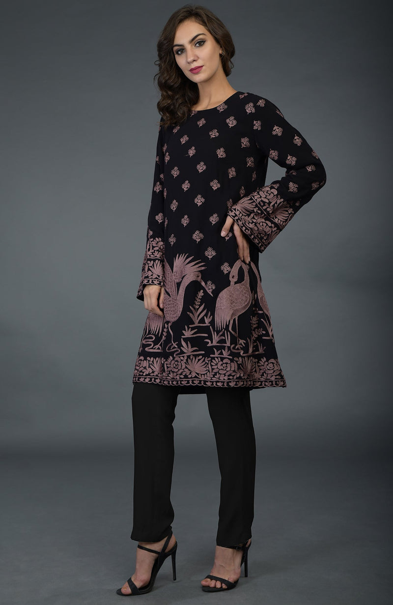 Black-Mauve Parsi Embroidered Tunic Suit