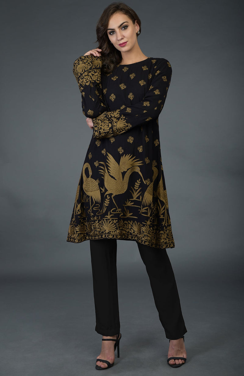 Black-Beige Gold Parsi Embroidered Tunic Suit