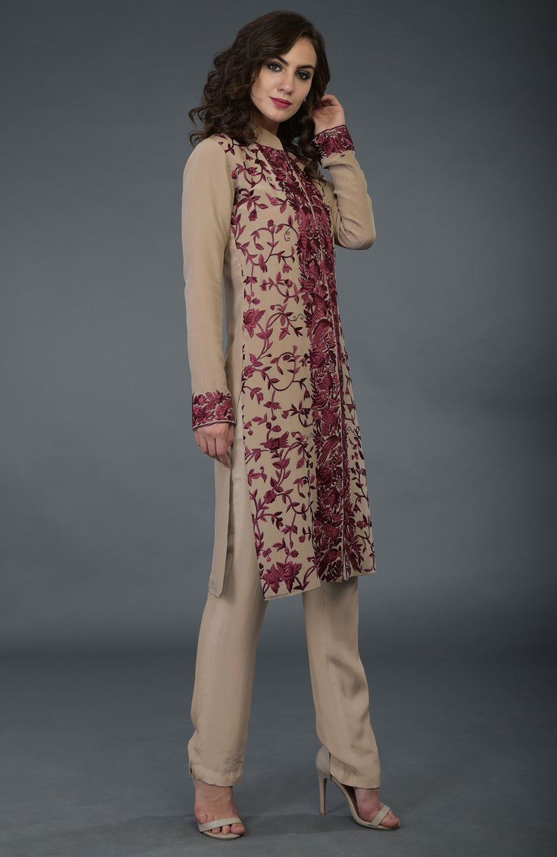 Fawn-Wine Parsi Gara Jacket Set