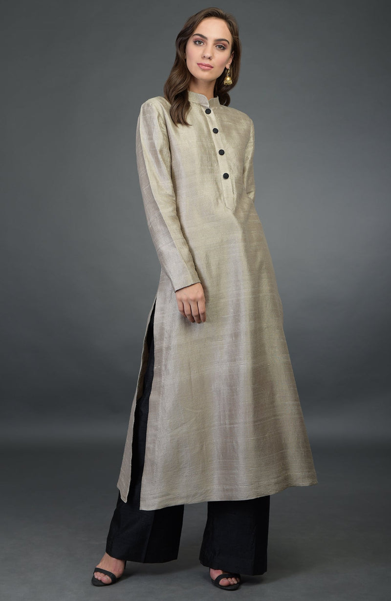 Beige-Black Raw Silk/ Silk/ Crepe/ Georgette Suit