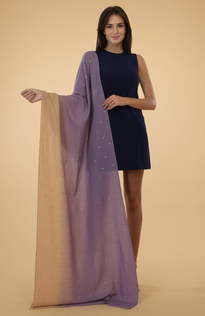 Mauve- Beige Ombre Sequin Hand Embroidered Pure Cashmere Stole
