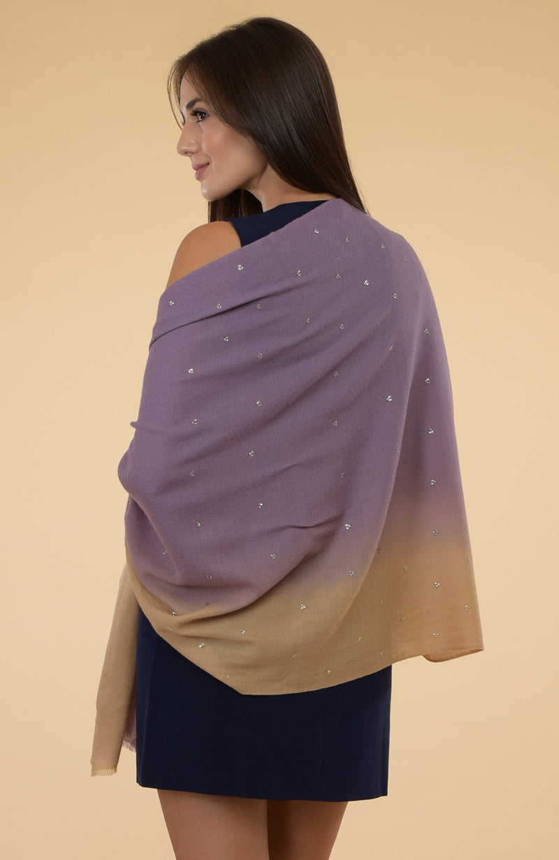 Mauve- Beige Ombre Sequin Hand Embroidered Pure Cashmere Stole
