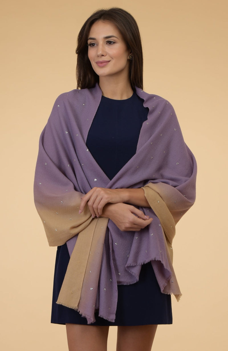Mauve- Beige Ombre Sequin Hand Embroidered Pure Cashmere Stole