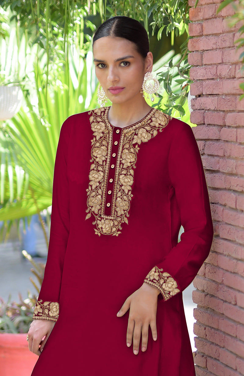 Blood Red Kashmiri Tilla Embroidered Kurta Set
