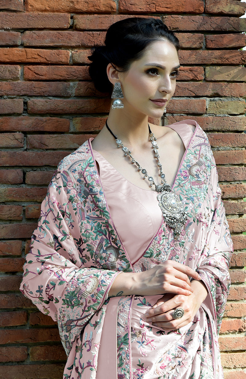 Masterpiece Pale Pink Parsi Gara Hand Embroidered Saree