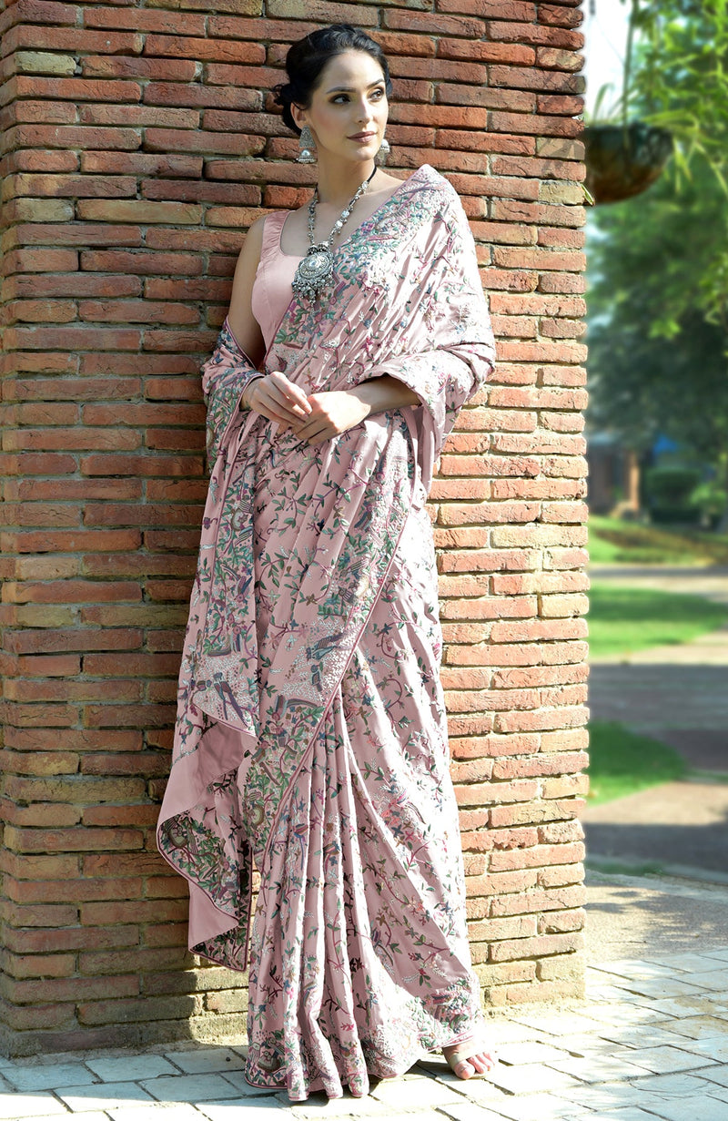 Masterpiece Pale Pink Parsi Gara Hand Embroidered Saree