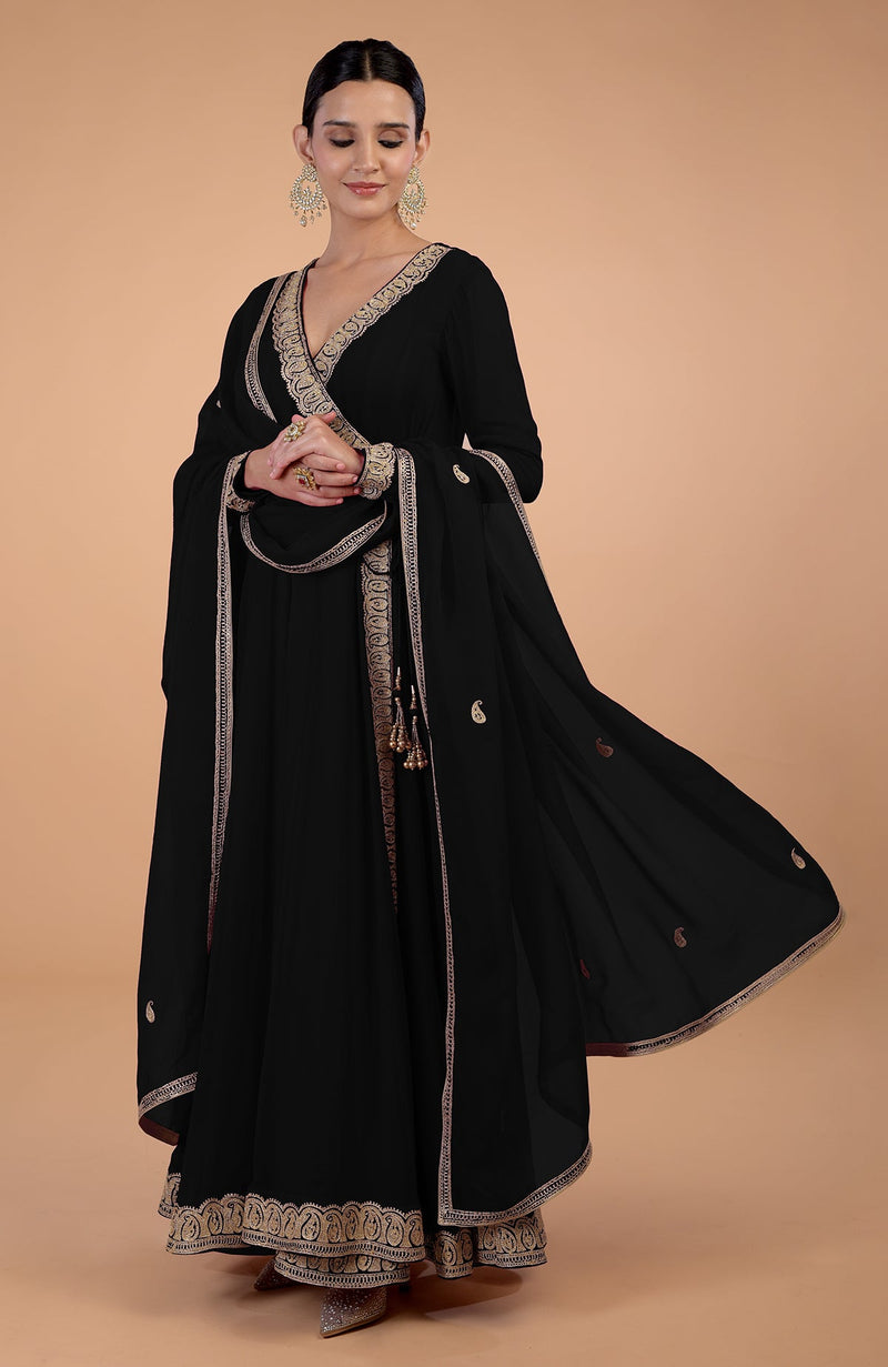 Iktara Teal Blue Kashmiri Tilla Paisley Embroidered Angrakha Anarkali Set