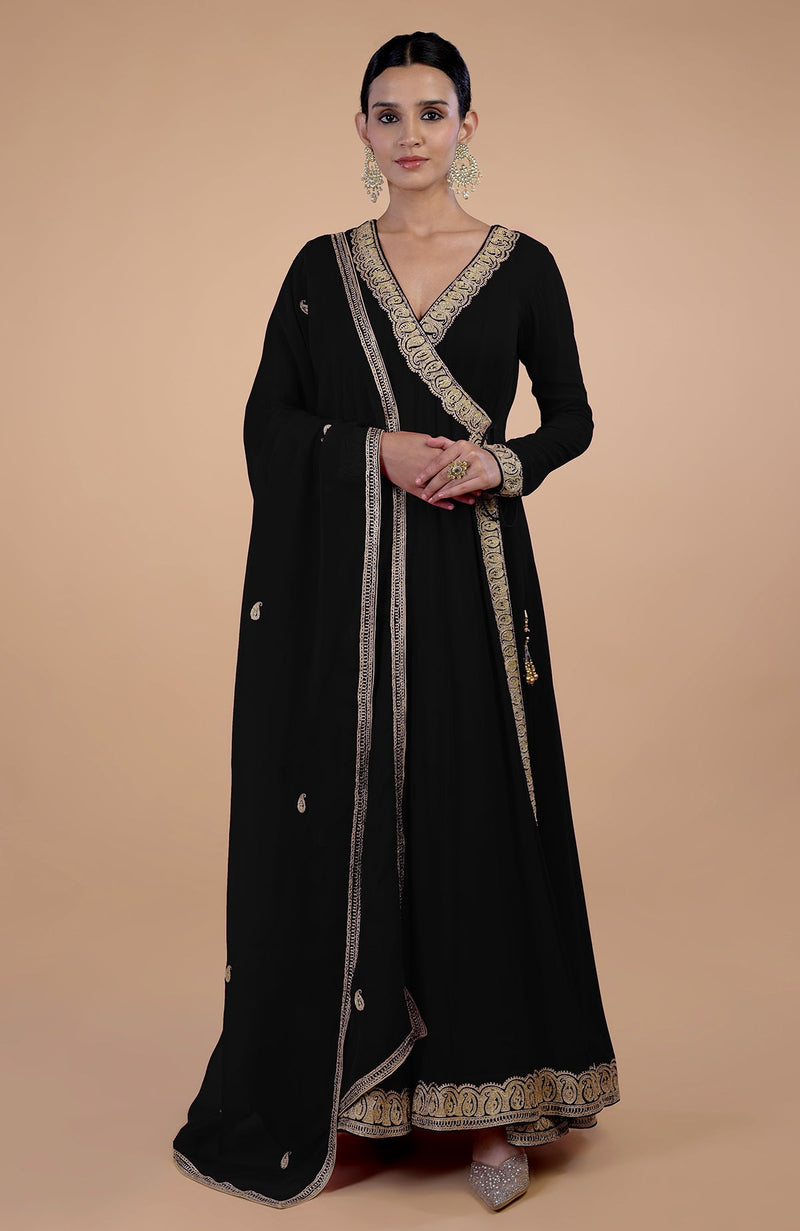 Iktara  Black Kashmiri Tilla Paisley Embroidered Angrakha Anarkali Set