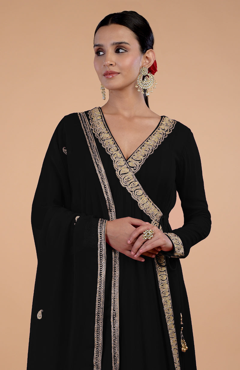 Iktara  Black Kashmiri Tilla Paisley Embroidered Angrakha Anarkali Set