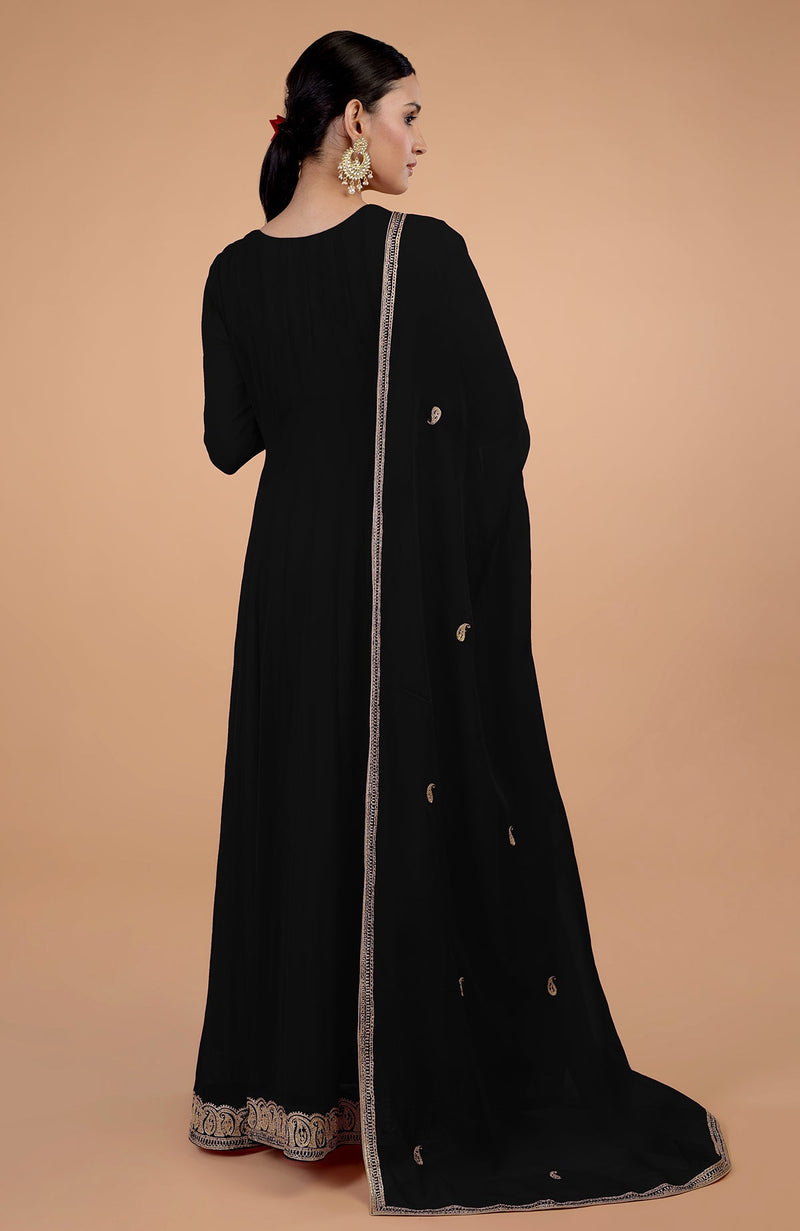 Iktara  Black Kashmiri Tilla Paisley Embroidered Angrakha Anarkali Set