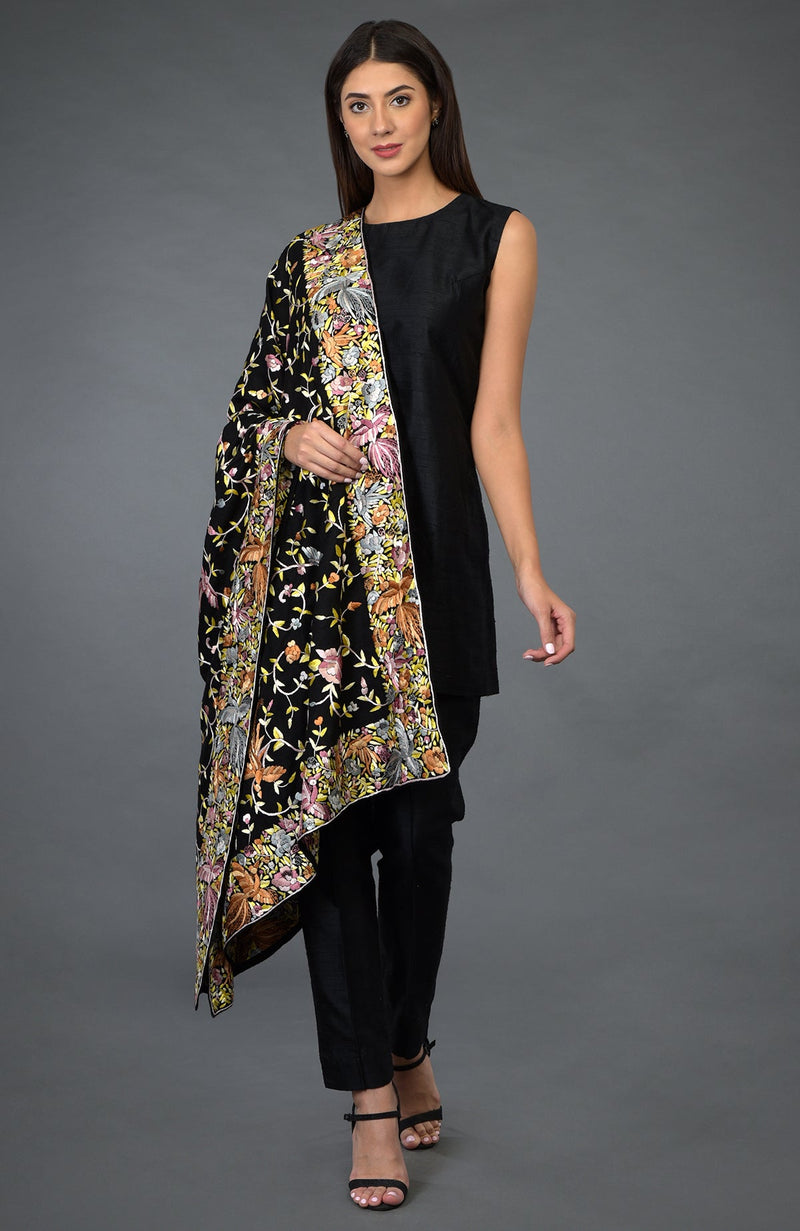 Black Parsi Gara Pure Pashmina Shawl