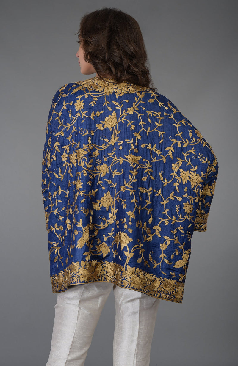 Navy Blue Parsi Gara Embroidered Kimono Jacket