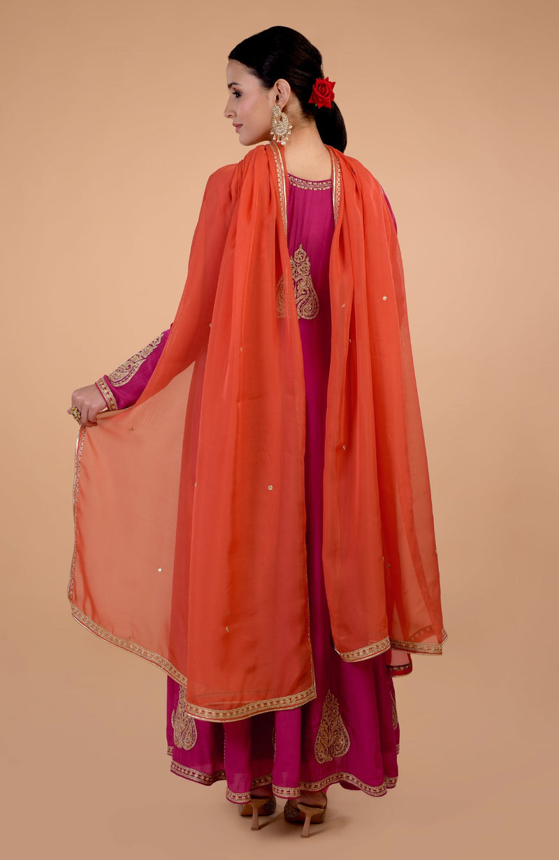 Iktara Raspberry Pink- Orange Kashmiri Tilla Embroidered Anarkali Set