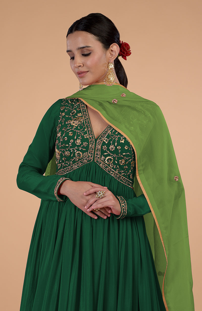 Iktara Bottle Green Zardozi & Resham Embroidered Anarkali Set