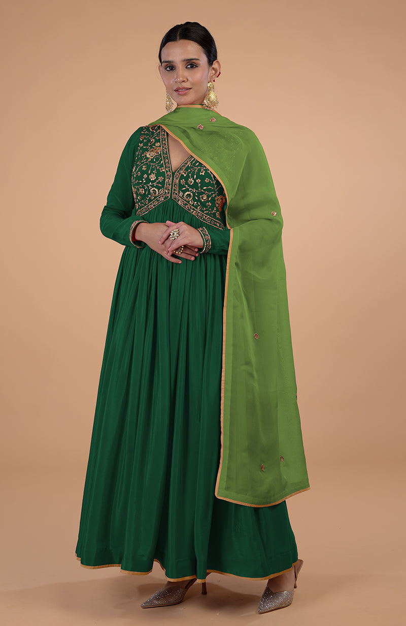 Iktara Bottle Green Zardozi & Resham Embroidered Anarkali Set