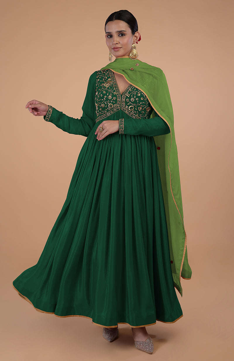 Iktara Bottle Green Zardozi & Resham Embroidered Anarkali Set