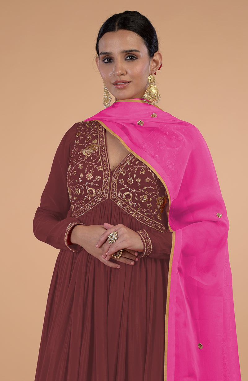 Iktara Marsala-Pink Zardozi & Resham Embroidered Anarkali Set
