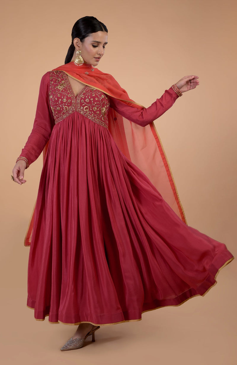 Iktara  Red - Orange Zardozi & Resham Embroidered Anarkali Set