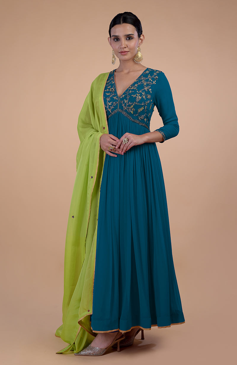 Iktara Peacock Blue - Green Zardozi Embroidered Anarkali Set