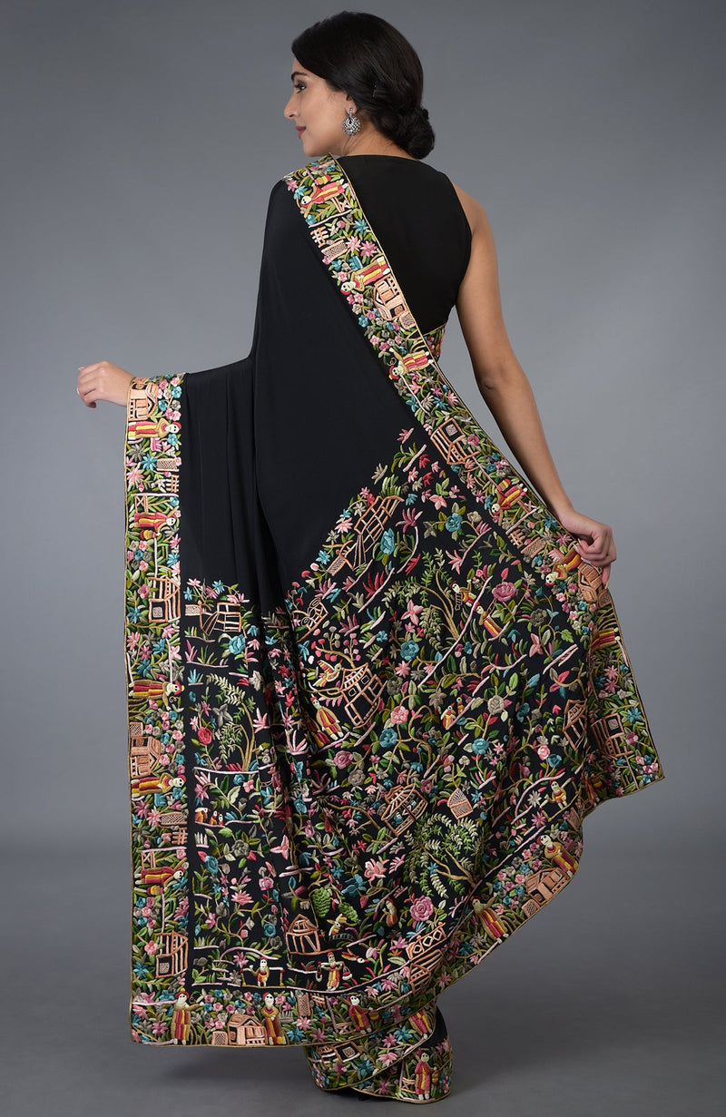 Black Parsi Gara Hand Embroidered Saree