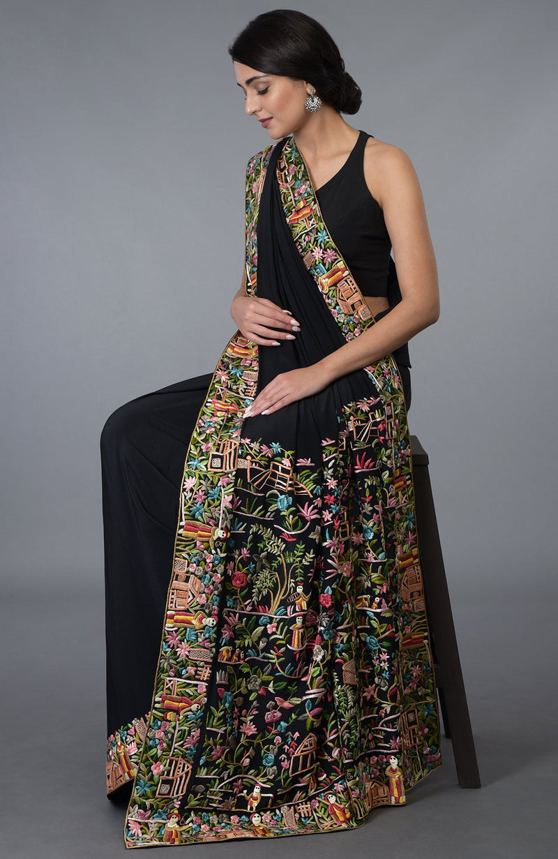 Black Parsi Gara Hand Embroidered Saree