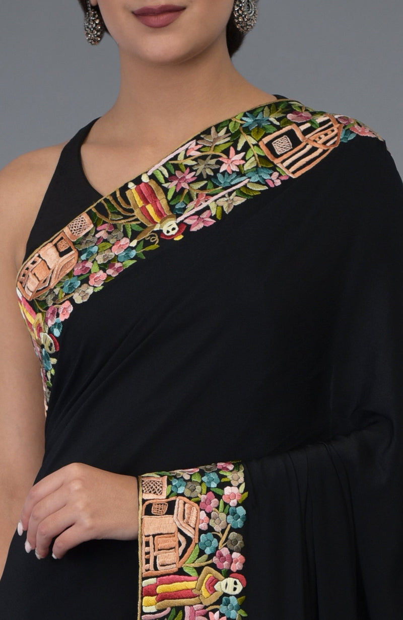 Black Parsi Gara Hand Embroidered Saree