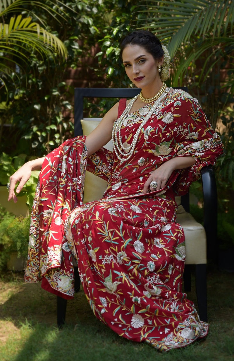 Pre-Order Masterpiece Red Parsi Gara Hand Embroidered Saree