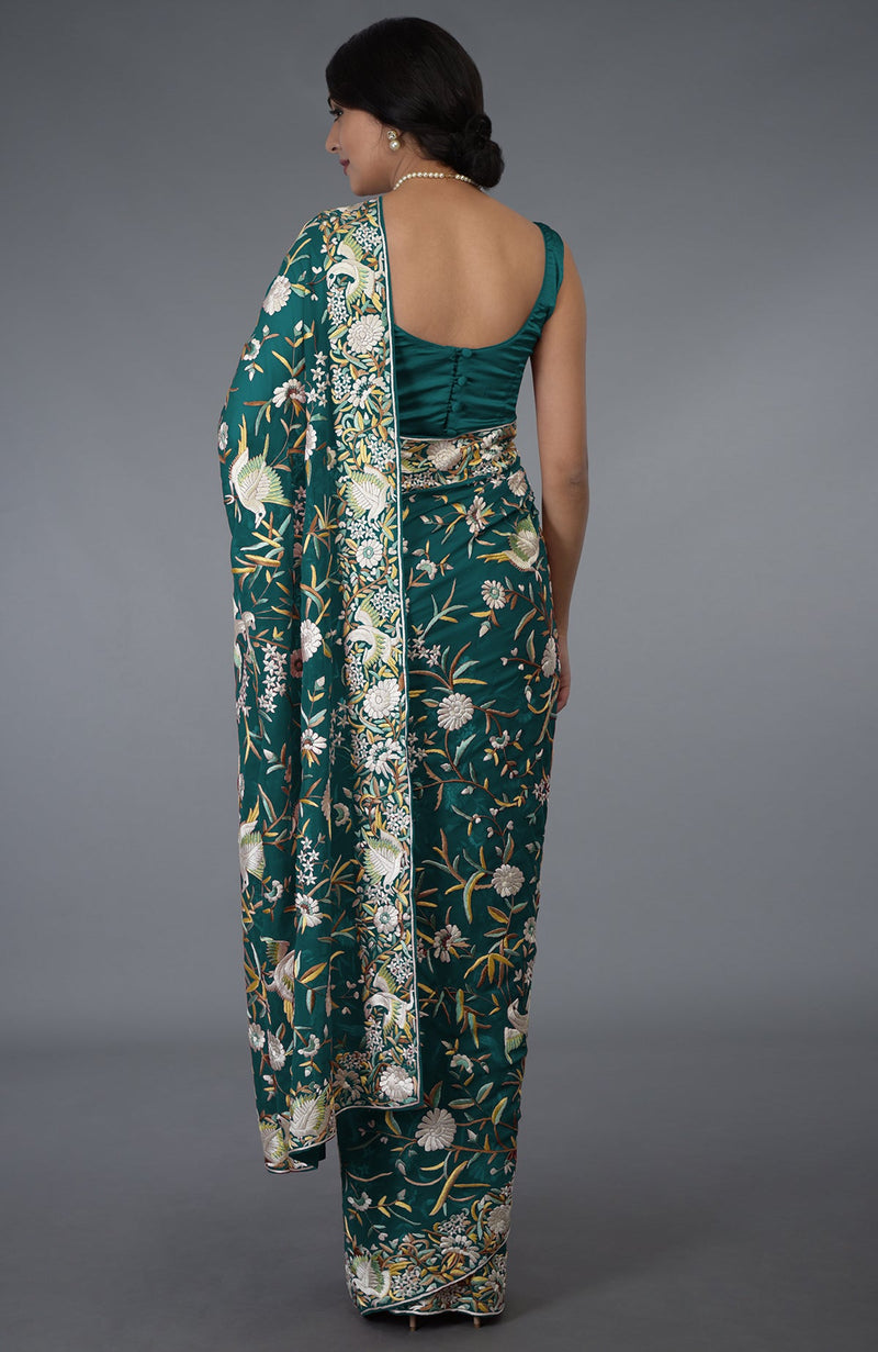 Pre-Order Masterpiece Teal Parsi Gara Hand Embroidered Saree