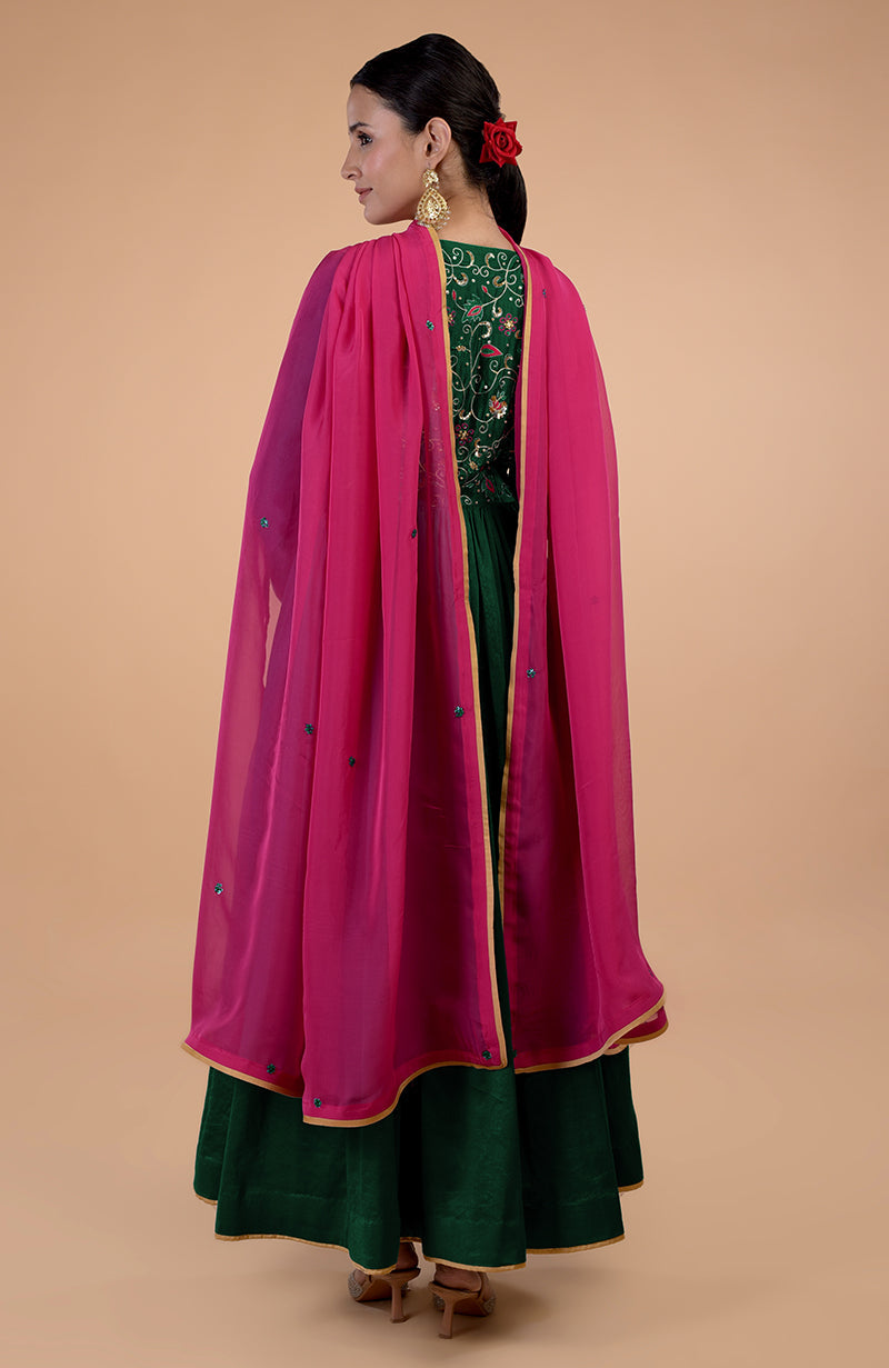 Iktara Bottle Green-Pink Zardozi Embroidered Anarkali Set
