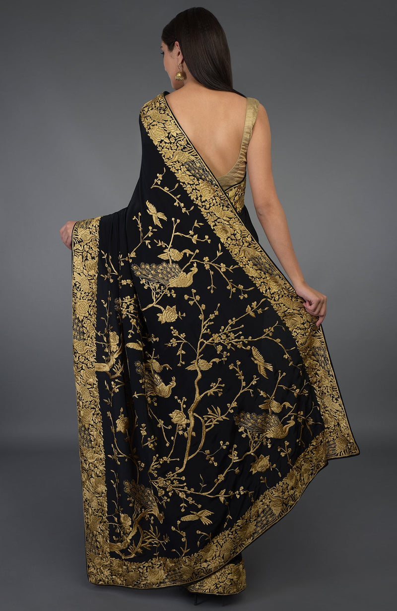 Black-Beige Gold Parsi Gara Hand Embroidered Saree