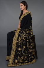 Black-Beige Gold Parsi Gara Hand Embroidered Saree