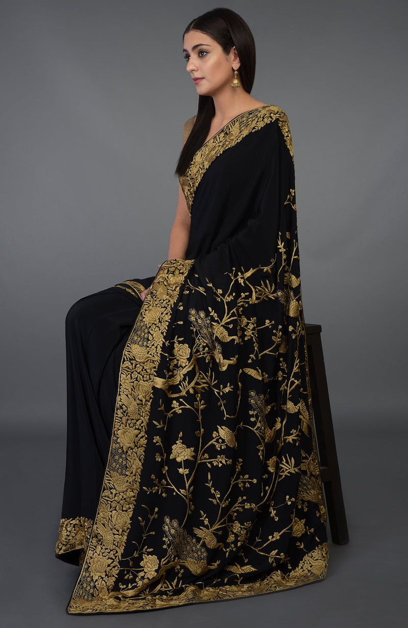 Black-Beige Gold Parsi Gara Hand Embroidered Saree