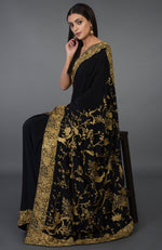 Black-Beige Gold Parsi Gara Hand Embroidered Saree