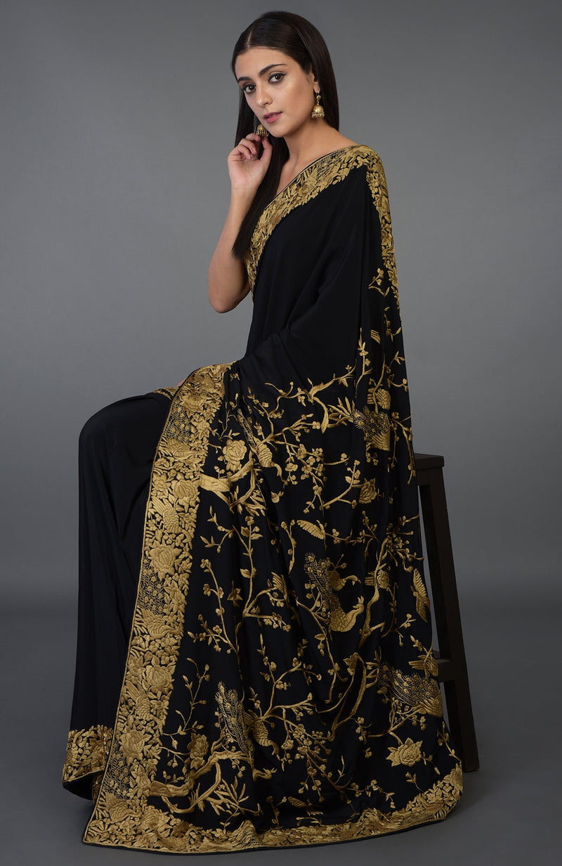 Black-Beige Gold Parsi Gara Hand Embroidered Saree