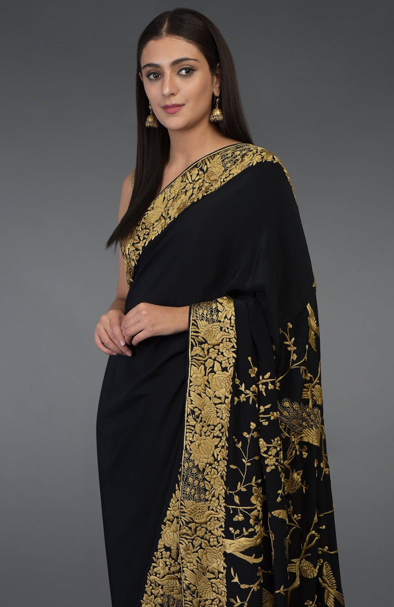 Black-Beige Gold Parsi Gara Hand Embroidered Saree