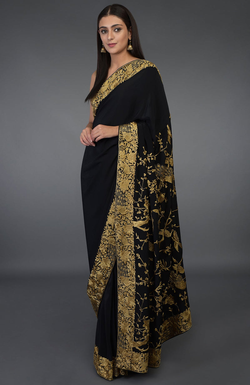 Black-Beige Gold Parsi Gara Hand Embroidered Saree