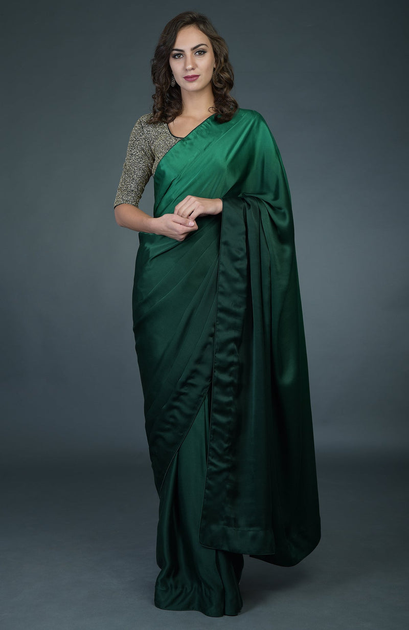 Bottle Green Ombre Saree With Zardozi Work Blouse
