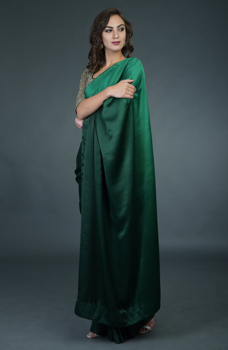 Bottle Green Ombre Saree With Zardozi Work Blouse