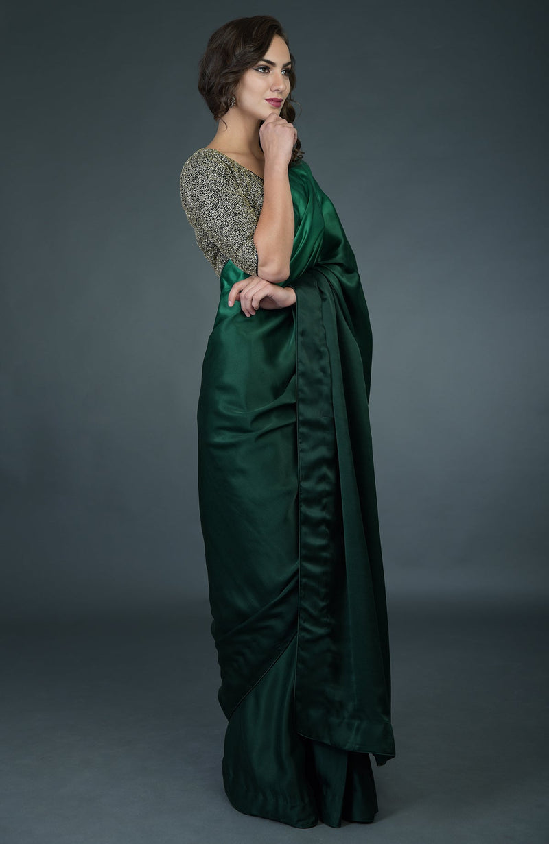 Bottle Green Ombre Saree With Zardozi Work Blouse